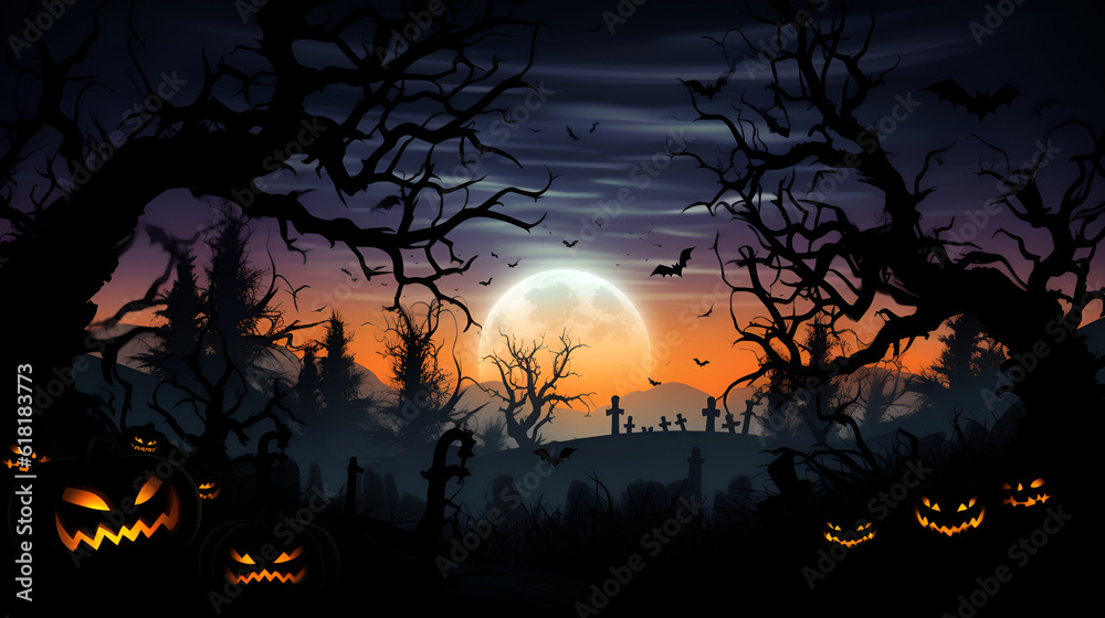 Graveyard In The Spooky Night. Spooky Cemetery With Moon In Cloudy Sky. AI illustration. Halloween Backdrop.