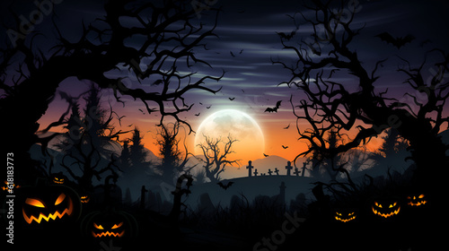 Graveyard In The Spooky Night. Spooky Cemetery With Moon In Cloudy Sky. AI illustration. Halloween Backdrop.