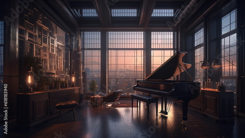 Experience, Futuristic, Modern, Loft Apartment, High-rise, New York, Music Room, Piano, Dark, Highlights, Moody, Lighting, Urban, Living, Sleek, Design, Luxury, Urban Jungle, Cityscape, Metropolitan, 