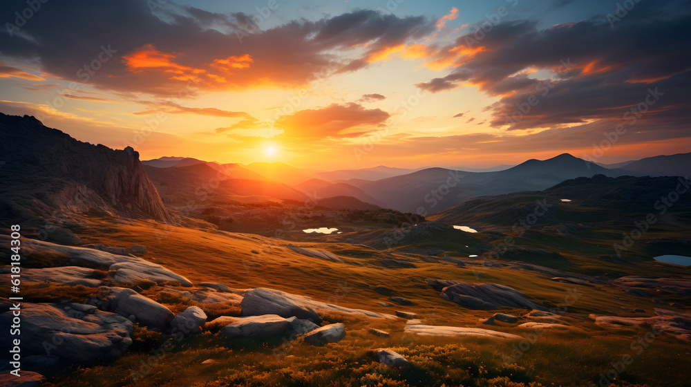 A stunning sunset paints the sky, illuminating the majestic mountain range below. Golden and pink hues dance across the horizon, creating a breathtaking, peaceful backdrop.