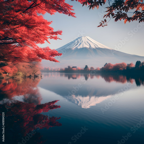 A stunning view of Mount Fuji surrounded by vibrant red leaves, mirrored in the tranquil lake below. Enjoy the beauty of nature and be inspired by the majestic mountain.