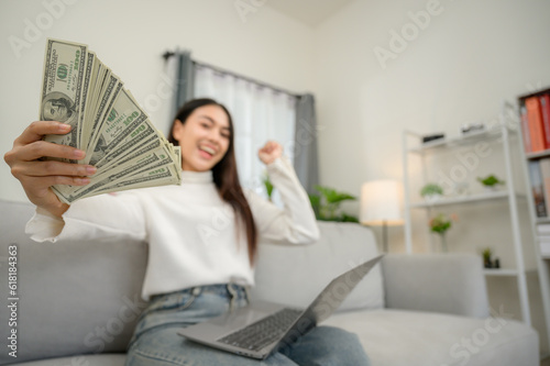 Happy freelancer happy to earn money online earn money from home Successful businessman earning euros from laptop professionally happy