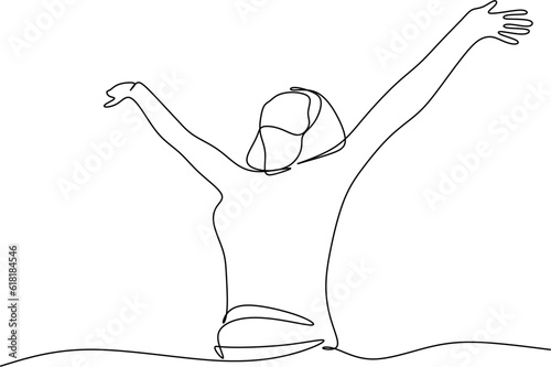 Continuous line art or One Line Drawing of a woman stretching arms is relaxing picture vector illustration