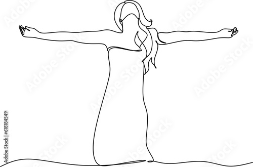 Continuous line art or One Line Drawing of a woman stretching arms is relaxing picture vector illustration