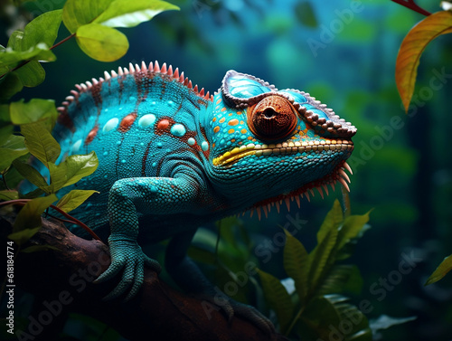 Blue chameleon in the jungle close-up AI generated © Alina