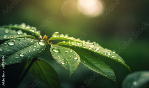 grüne Blätter mit Regentropfen, generative AI