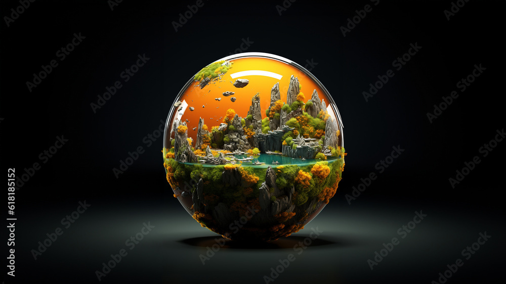 Glas Kugel mit Symbol Erde gefüllt auf schwarzen Hintergrund, ai generativ
