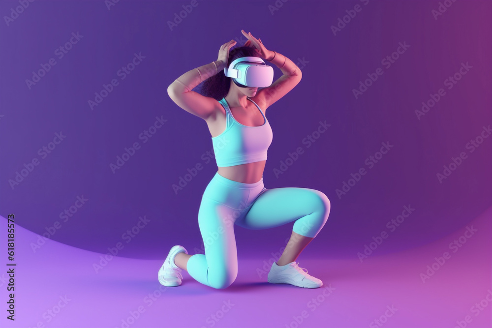 woman creative neon glasses reality innovation vr game sport digital virtual. Generative AI.