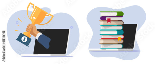 Contest digital award reward winner vector icon on laptop computer online graphic, virtual internet library ebook books stack pile, cyber trophy win, education study learning technology image clipart