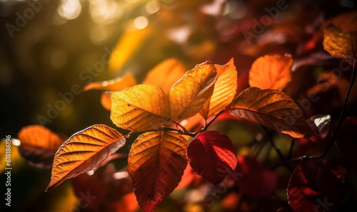 goldener Herbst mit Blättern im Sonnenlicht, generative AI