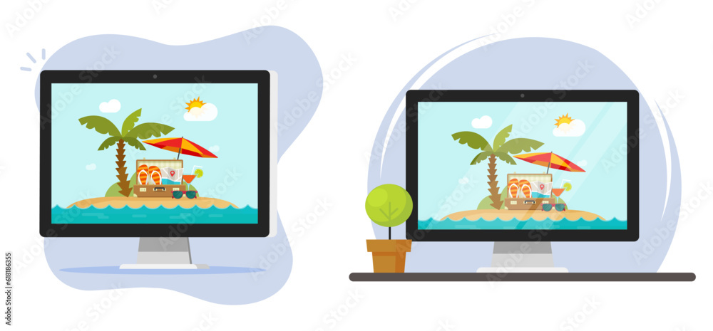 Travel tourism online digital on computer pc screen vector icon graphic image, trip vacation internet booking service, beach sea resort web application clipart modern design Travel tourism online digital on computer pc screen vector icon graphic image, trip vacation internet booking service, beach sea resort web application clipart modern design