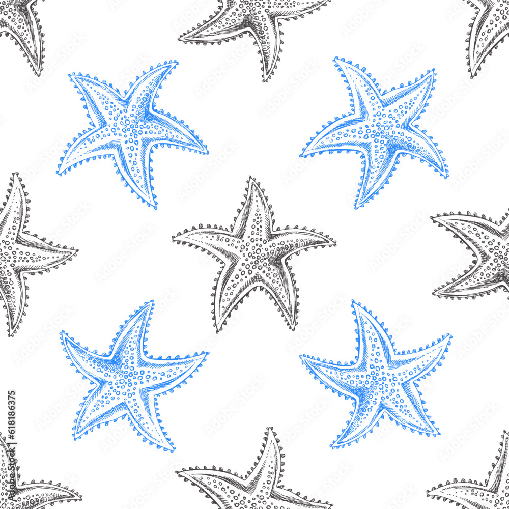 Hand drawn vector illustrations - seamless pattern of  starfish. Marine background. Perfect for invitations, greeting cards, posters, prints, banners, flyers etc
