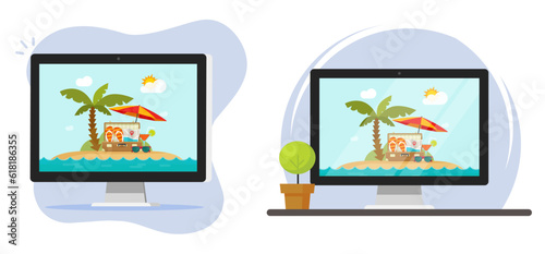 Travel tourism online digital on computer pc screen vector icon graphic image, trip vacation internet booking service, beach sea resort web application clipart modern design