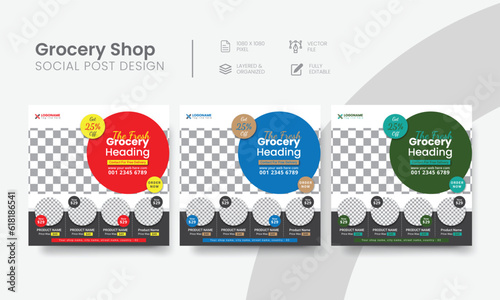 Effective grocery shop social media post for supermarket commercial marketing. Elegant grocery business social web banner easy to use layout template. Vol - 28