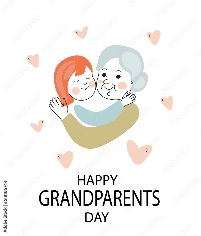 Grandmother and granddaughter hug each other. Happy grandparents day. Vector doodle card illustration Grandmother and granddaughter hug each other. Happy grandparents day. Vector doodle card illustration