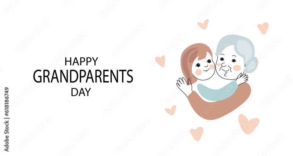 Grandmother and granddaughter hug each other.  Happy grandparents day. Vector doodle card illustration
