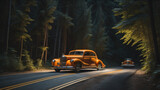 A Dark 3D Illustrated Forest Exploration, Where an Enigmatic Car Emerges from the Shadows, Engulfed in Mysterious Terrors