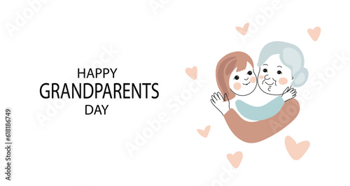 Grandmother and granddaughter hug each other.  Happy grandparents day. Vector doodle card illustration
