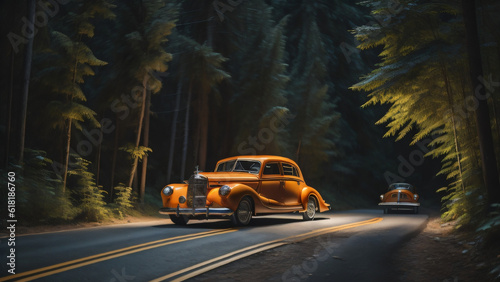 A Dark 3D Illustrated Forest Exploration, Where an Enigmatic Car Emerges from the Shadows, Engulfed in Mysterious Terrors