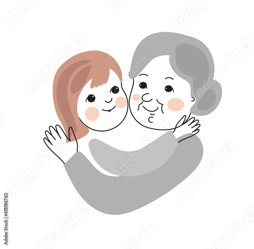 Grandmother and granddaughter hug each other.  Happy grandparents day. Vector doodle card illustration