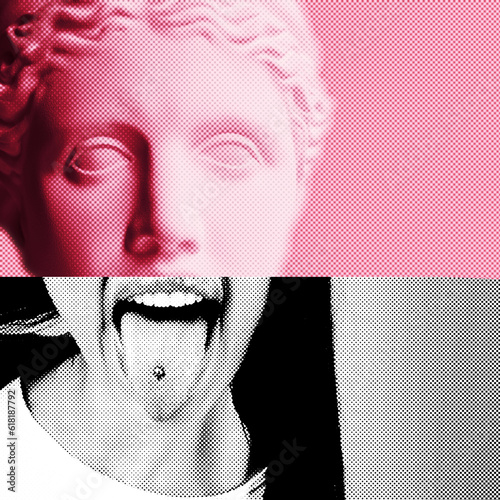 Abstracy plaster statue head shows tongue in pop art style tinted pink with black and white part, trendy contemporary collage photo