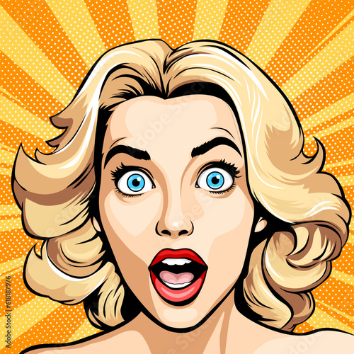 Surprised happy excited young attractive blonde woman with wide open blue eyes and open mouth, vector illustration in vintage pop art comic style