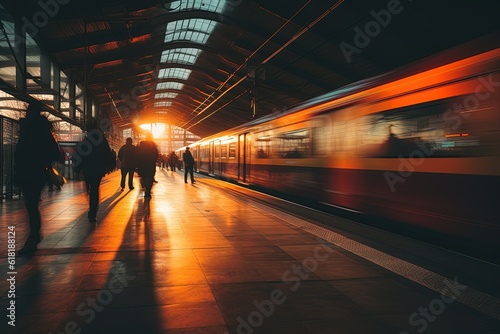 A train station subway with blurred motion and walking people, generative ai © Natee Meepian