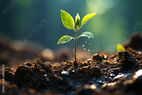 Moist soil with green plants. Created with AI.