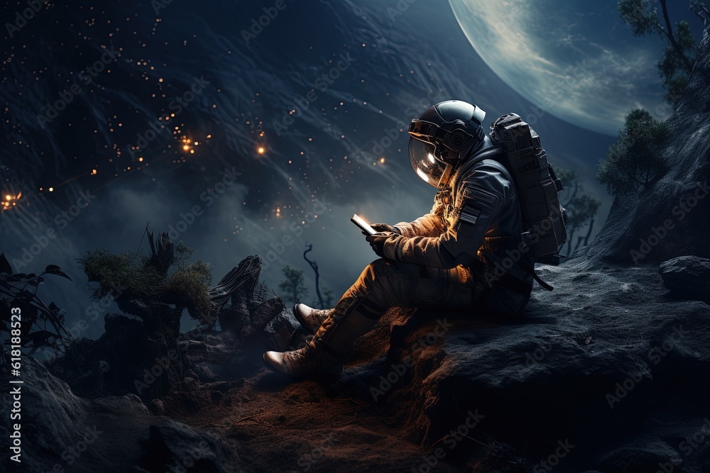 Lonely Astronaut using mobile phone in space, Generative ai ...