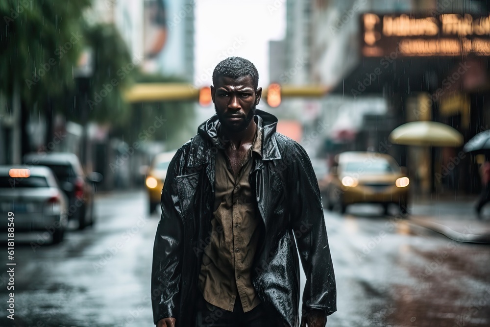 Naklejka premium Generative AI man as he navigates through a tropical storm, bravely facing both heavy rain and an incredibly strong wind