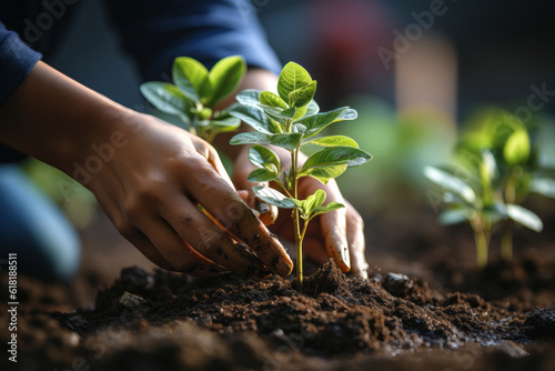 Crop person planting plants in soil. Created with AI.