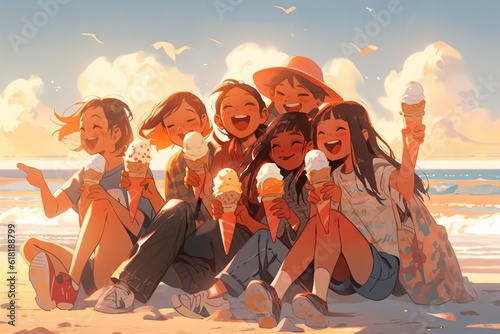 friends ice cream beach cartoon illustration generative ai