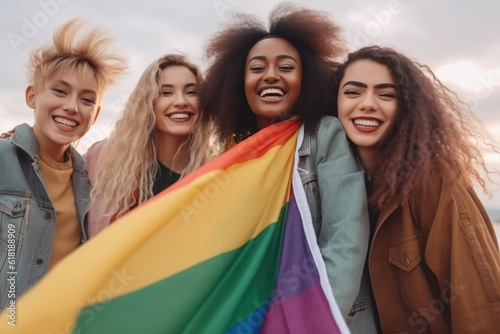 Group of female LGBT friends with Rainbow flag having fun outdoors.