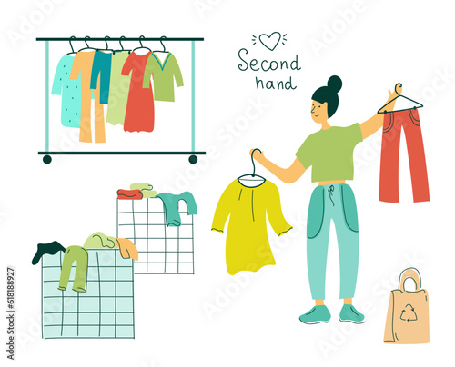 Girl customer buying clothes.  Woman shopping in flea market or second hand shop. Eco sustainable fashion concept.Cheap garage sale, second hand shop. Flat vector cartoon illustration