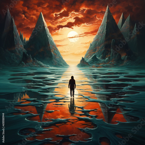 Mind-expanding Illustration of Person In Dreamy Red Sunset In-between Pointy Peaks And Reflective Landscape - Generative A.I. Art