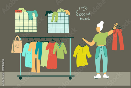 Girl customer buying clothes.  Woman shopping in flea market or second hand shop. Eco sustainable fashion concept.Cheap garage sale, second hand shop. Flat vector cartoon illustration