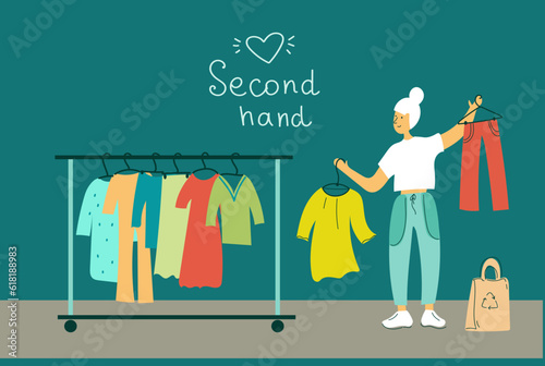 Girl customer buying clothes.  Woman shopping in flea market or second hand shop. Eco sustainable fashion concept.Cheap garage sale, second hand shop. Flat vector cartoon illustration