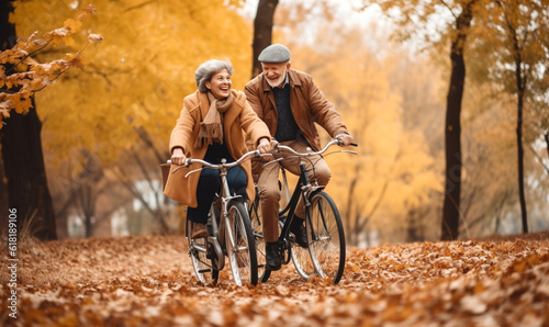 Fahrrad fahren im Herbst, lachende Senioren, generative AI