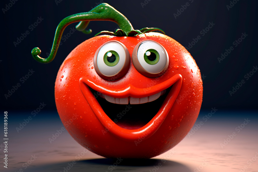 Ripe red tomato. Generative AI. Funny cartoon vegetable with eyes. La Tomatina, spain. Symbol of the festival, holiday. Tomato battle.