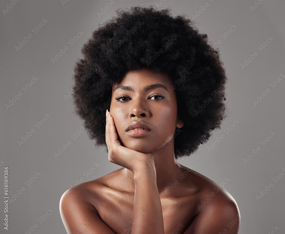 Skincare, black girl and makeup with confidence in portrait for wellness in studio background with afro. Beauty, face and glowing skin with african woman with cosmetics for dermatology with makeup. Skincare, black girl and makeup with confidence in portrait for wellness in studio background with afro. Beauty, face and glowing skin with african woman with cosmetics for dermatology with makeup.