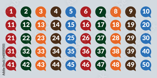 numbers one through fifty with colorful bubbles	