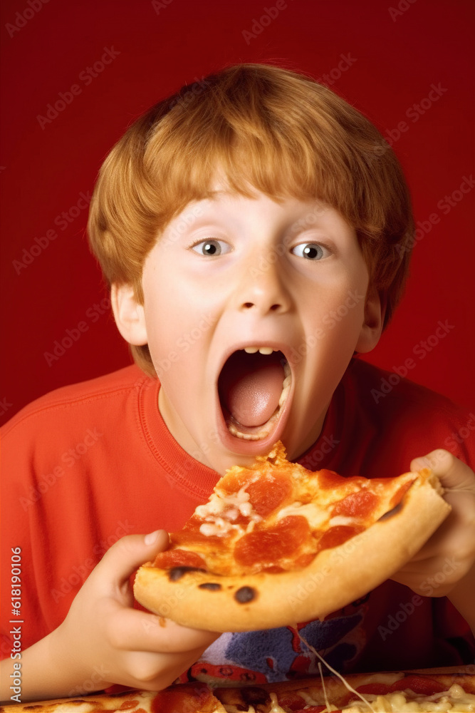 photo of boy in red shirt eating delicious pizza photo of boy in red shirt eating delicious pizza