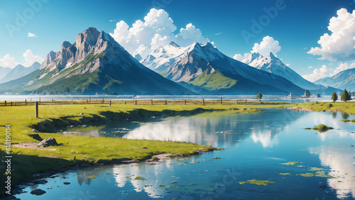 Mountain landscape, lake , mountain range, large panorama,