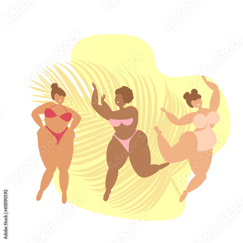 Cute Happy curvy girls wearing swimsuits, tropical green live background