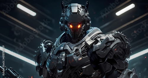 Dark armored cyborg concept background