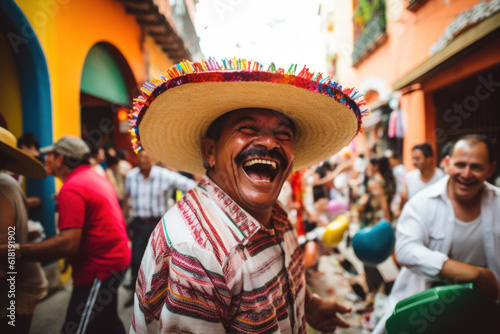 A Mexican in a sambrero has fun on the streets of Mazatlan during the carnival. Photorealistic illustration of Generative AI. photo