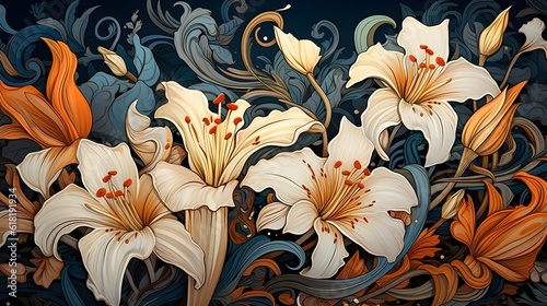 Photographie An Art Nouveau-inspired illustration of lilies, with flowing lines and intricate patterns