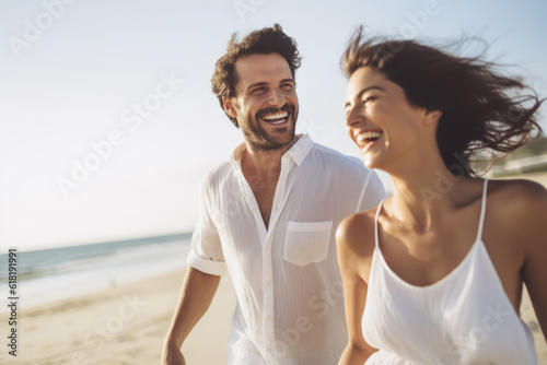 A young couple in sunglasses walks along the beach and smiles. Photorealistic illustration of Generative AI.
