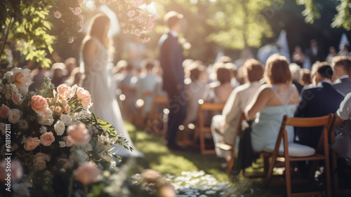Defocused people at the wedding ceremony. In the foreground there is a decoration of flowers. AI generated.