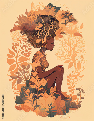 Powerful profile portrait of a black woman proud of her long African American hair blending into the nature around her while meditating in the woods.